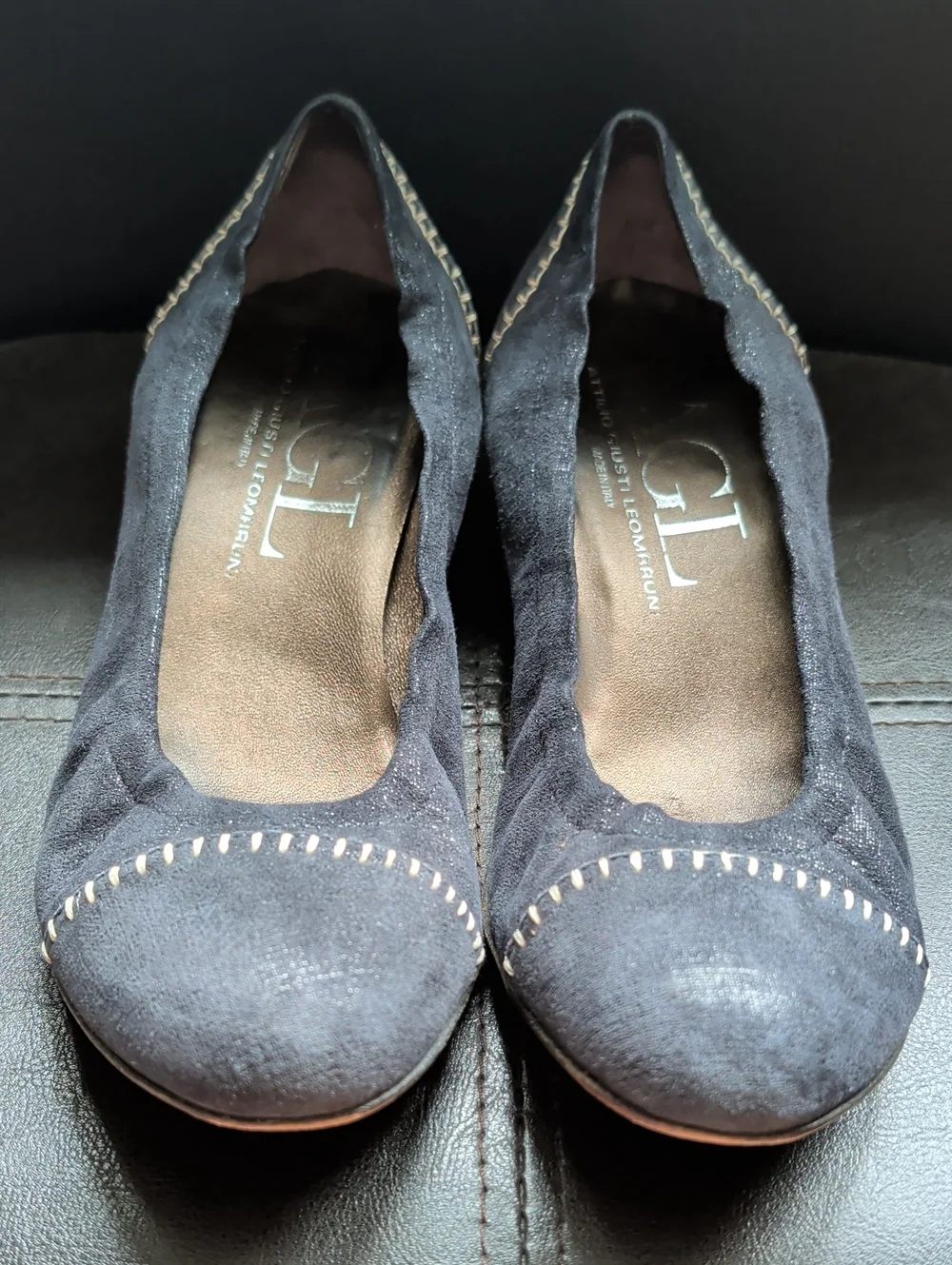 AGL Italian Navy Metallic Leather Business Casual Luxury Slide On Wedge Shoes